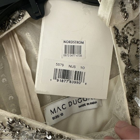 NWT $578 Mac Duggal [ 10 ] Embellished Beaded Flounce Sleeve Midi Dress‎ Cream - Picture 5 of 15
